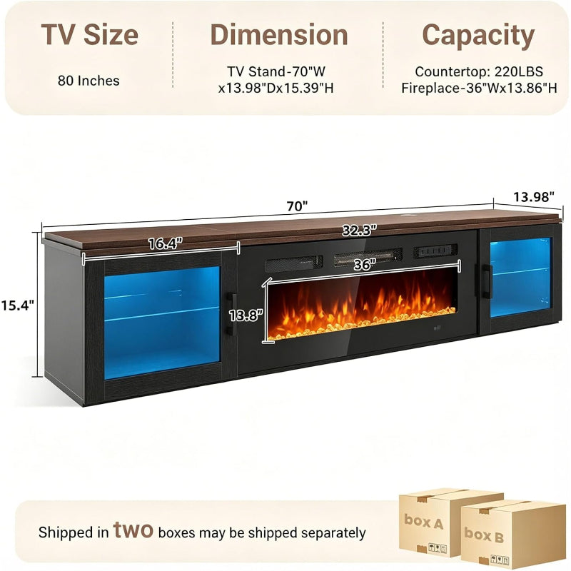 Walnut & Black Floating Fireplace TV Stand