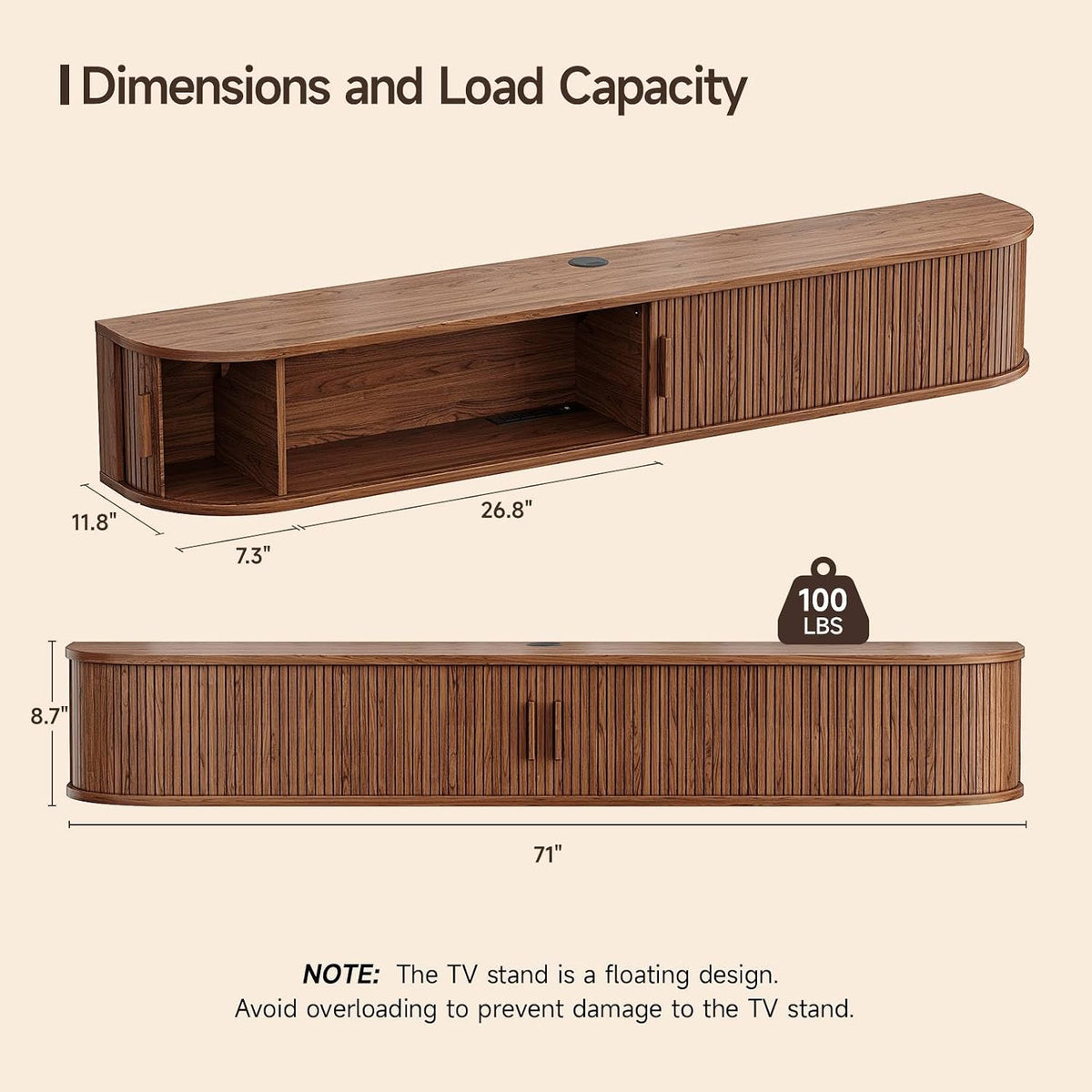 71" Walnut Floating TV Stand