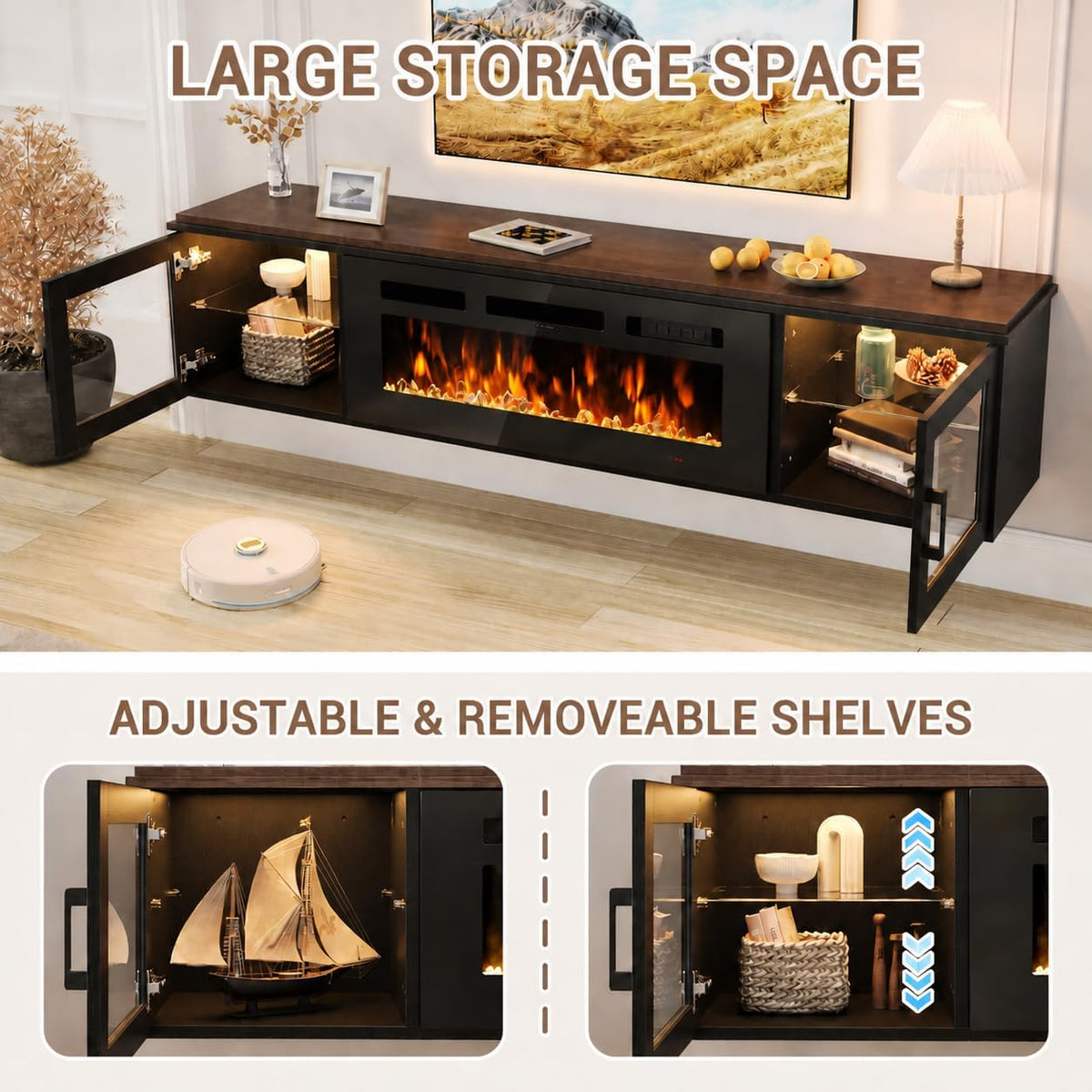 Walnut & Black Floating Fireplace TV Stand