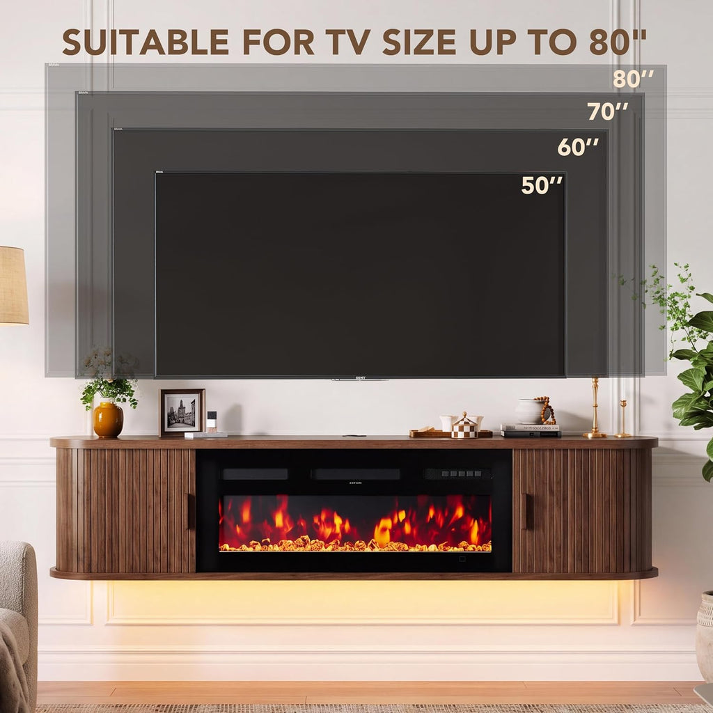 70" Walnut Floating Fireplace TV Stand
