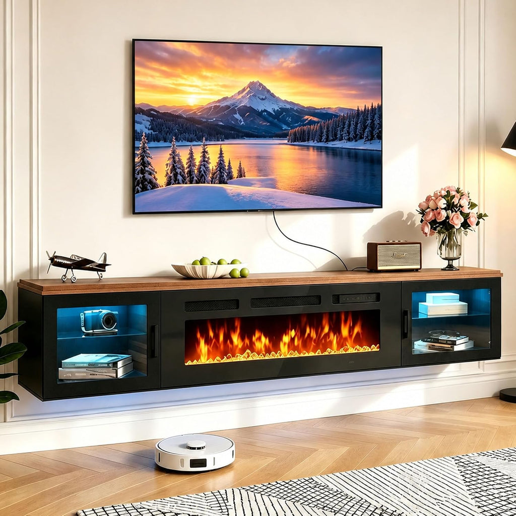 Walnut & Black Floating Fireplace TV Stand