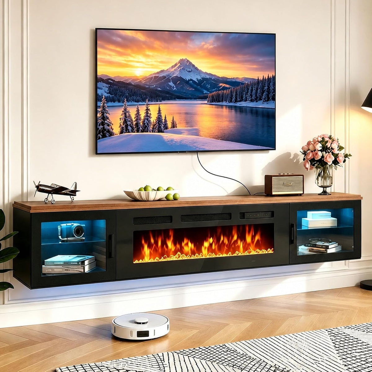 Walnut & Black Floating Fireplace TV Stand