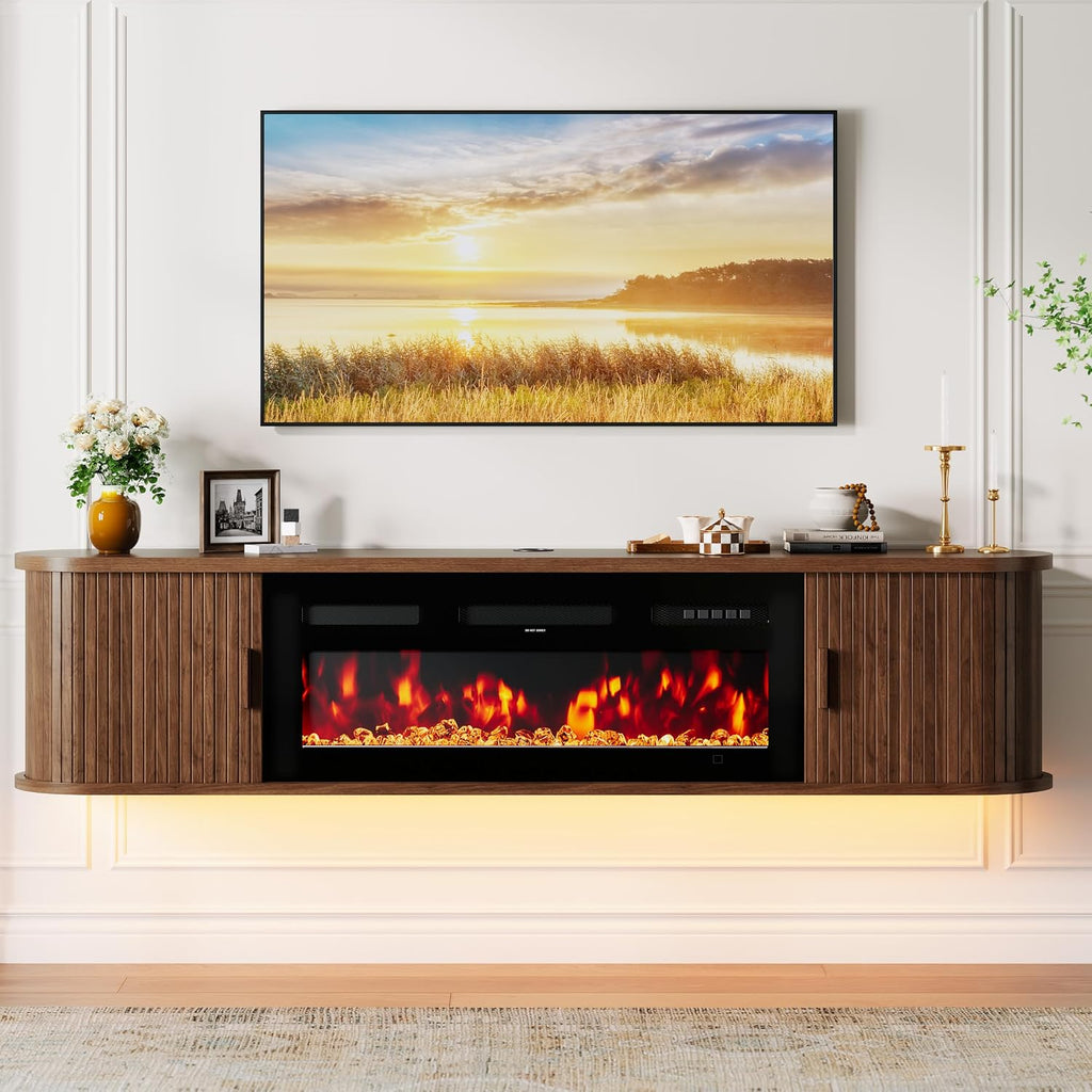70" Walnut Floating Fireplace TV Stand