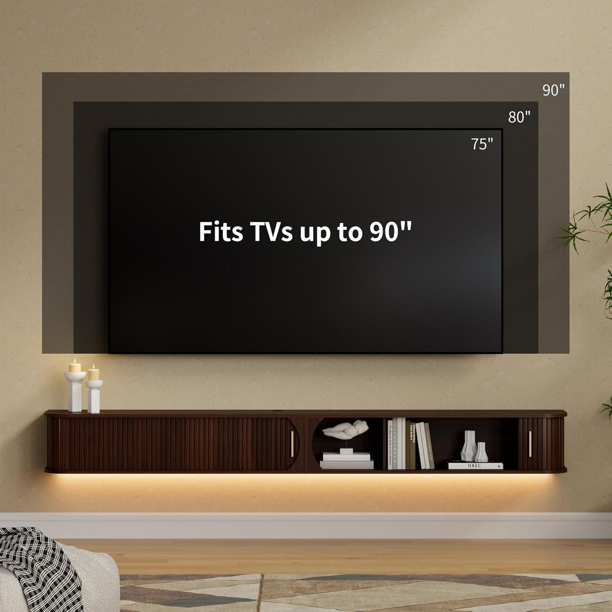 86.6" Walnut Floating RGB TV Console