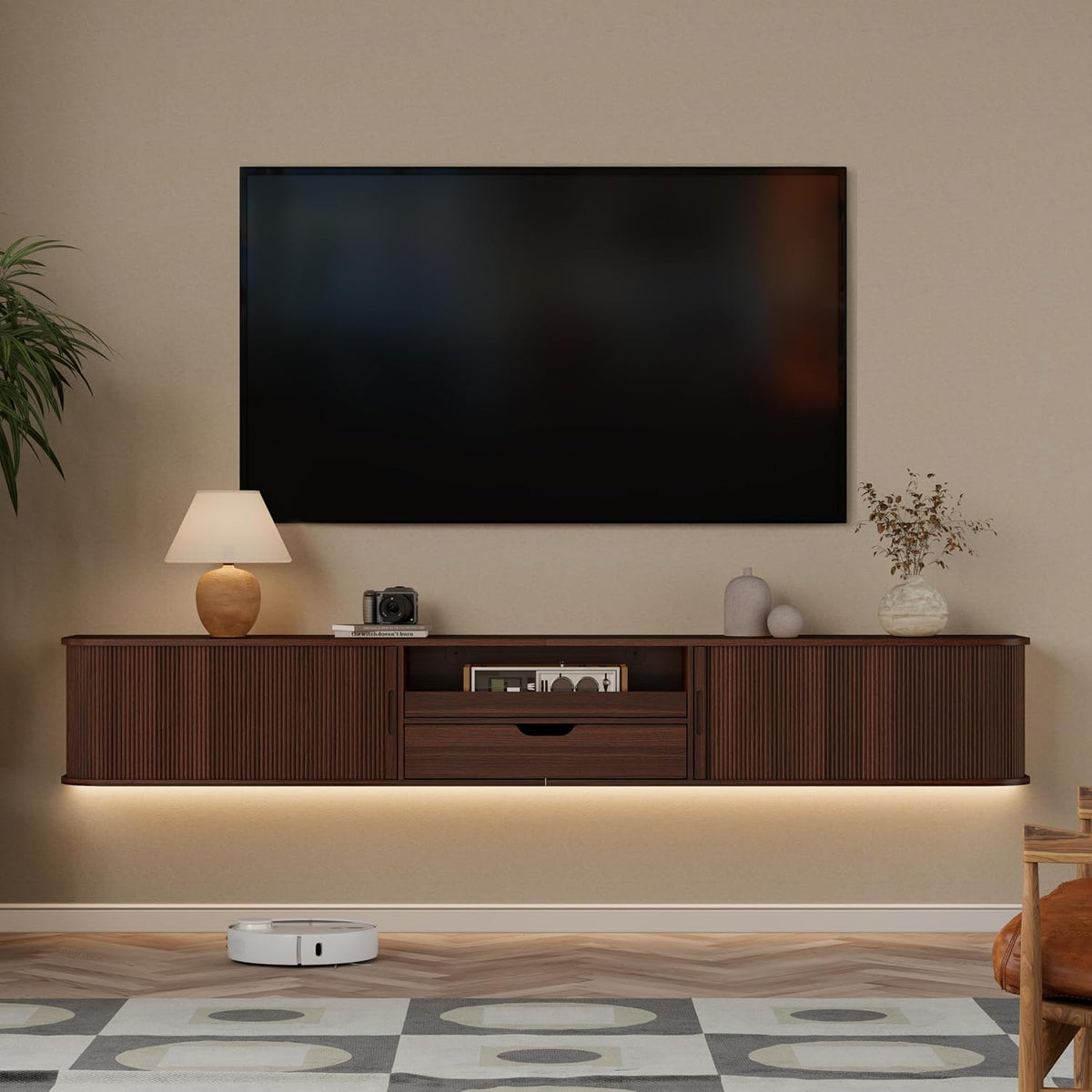 Walnut Floating Fluted TV Stand