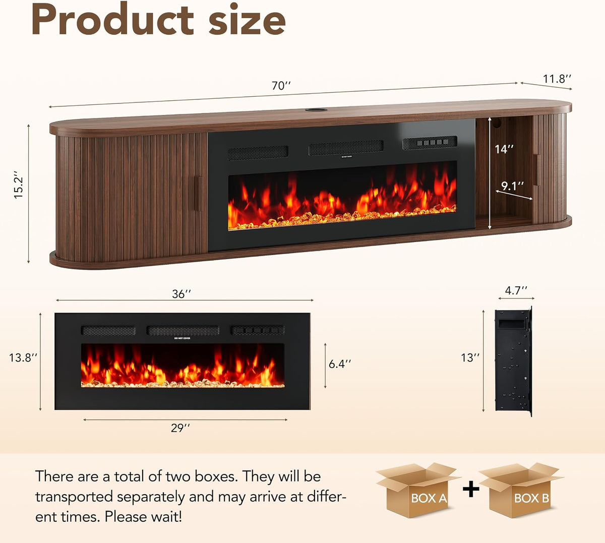 70" Walnut Floating Fireplace TV Stand