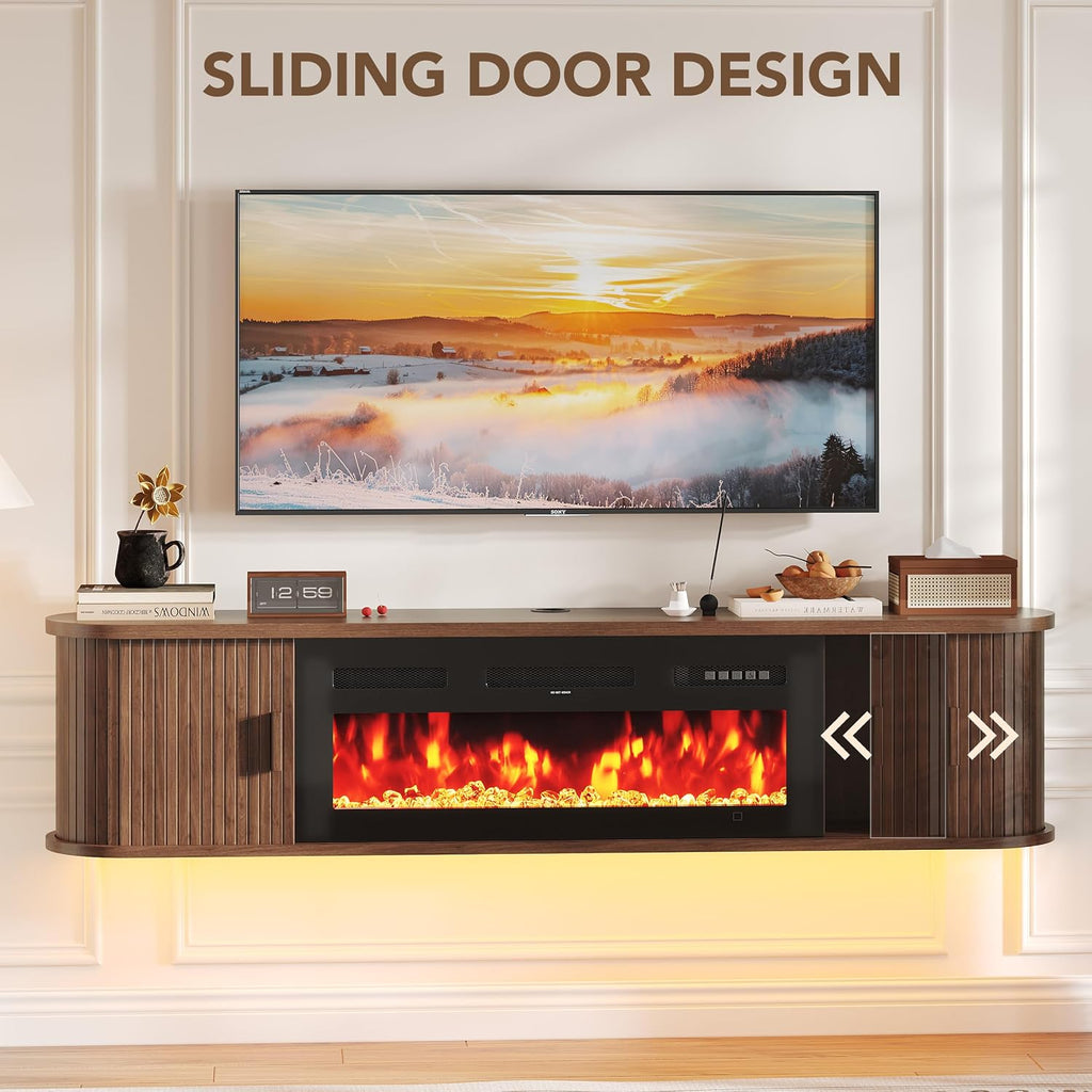 70" Walnut Floating Fireplace TV Stand