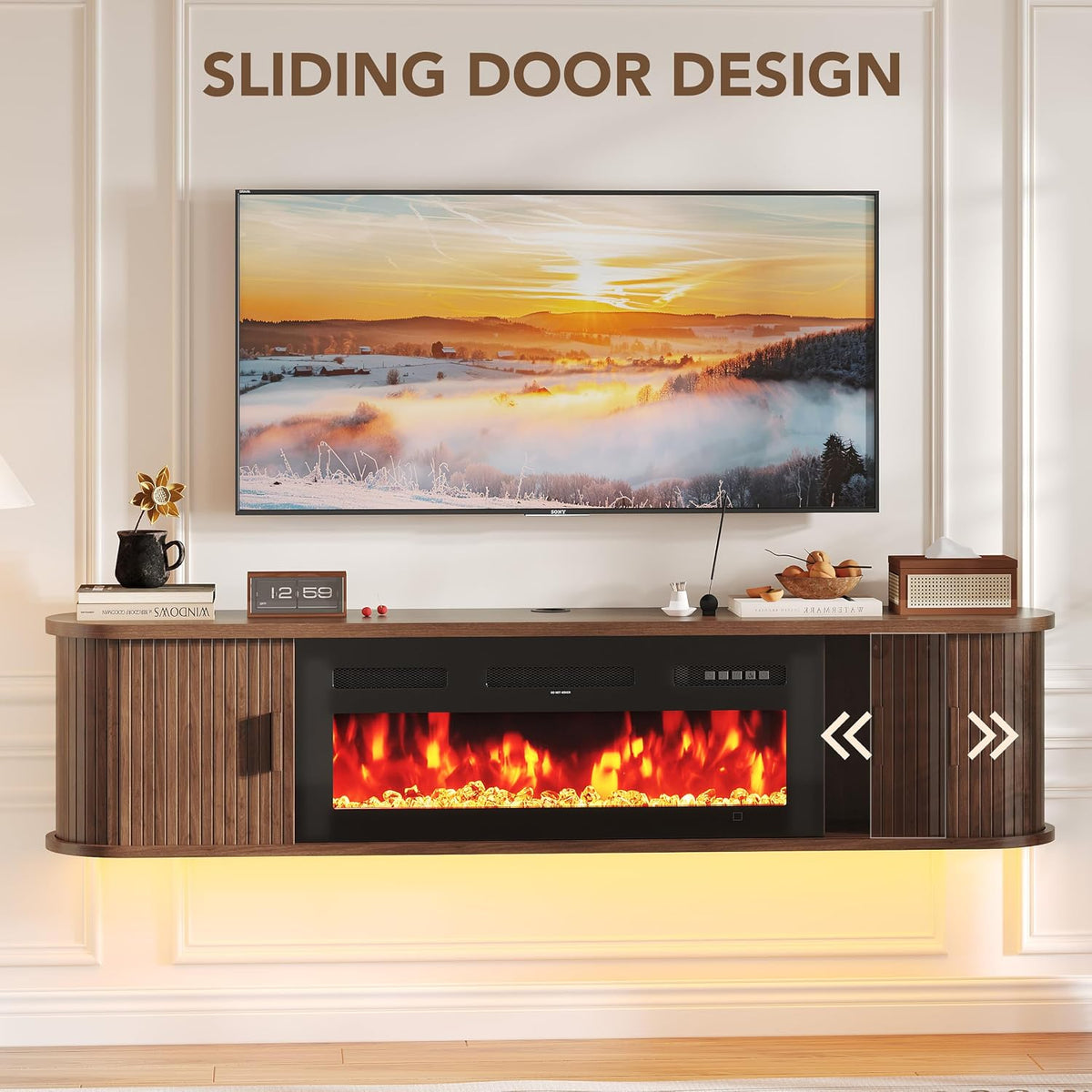 70" Walnut Floating Fireplace TV Stand