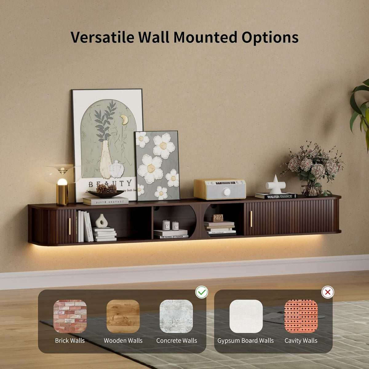 86.6" Walnut Floating RGB TV Console