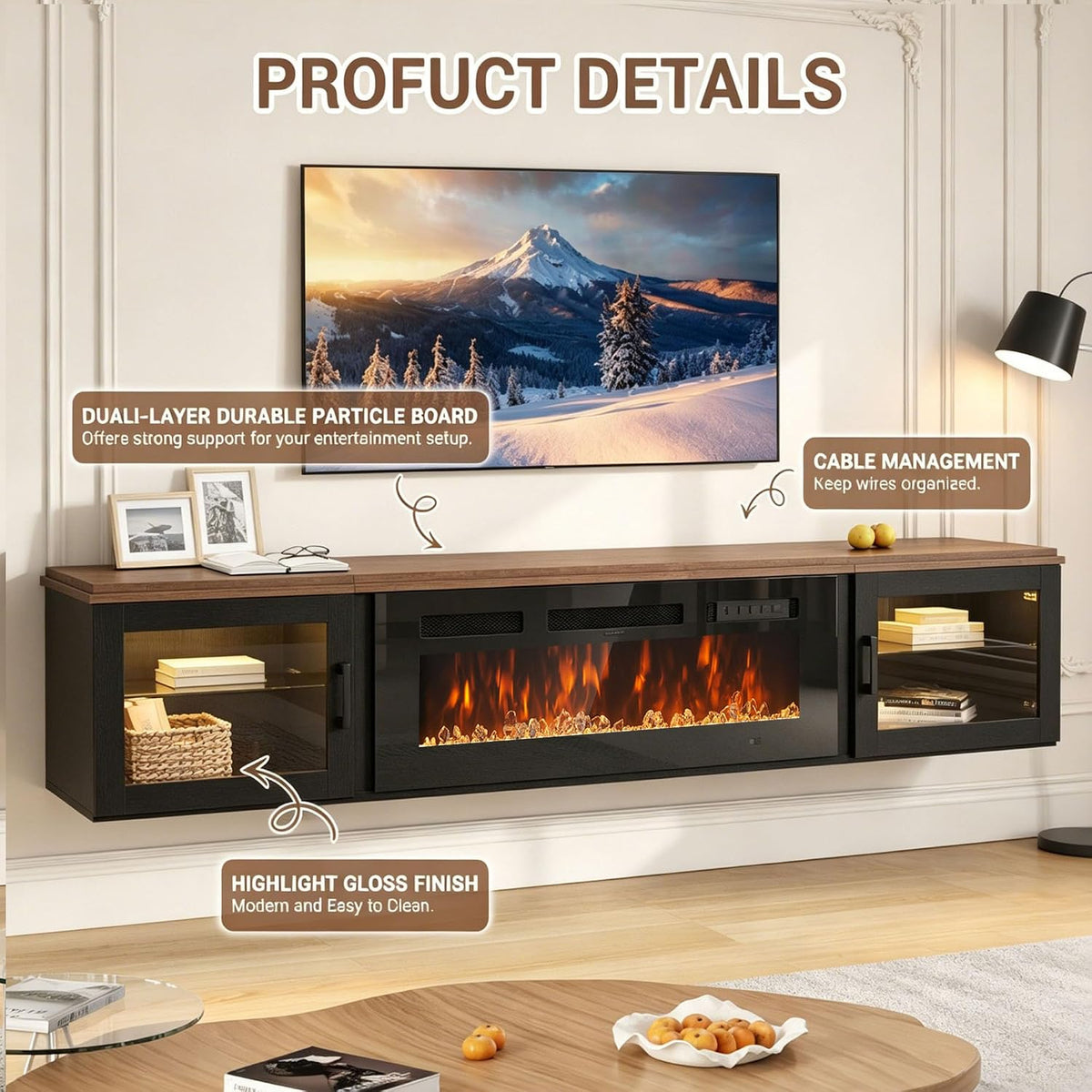 Walnut & Black Floating Fireplace TV Stand