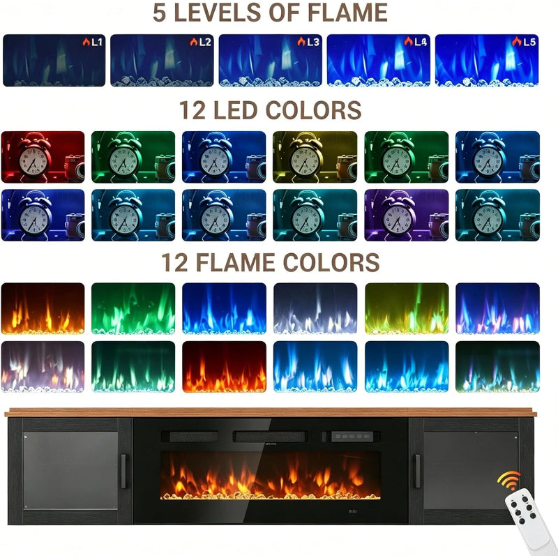 Walnut & Black Floating Fireplace TV Stand